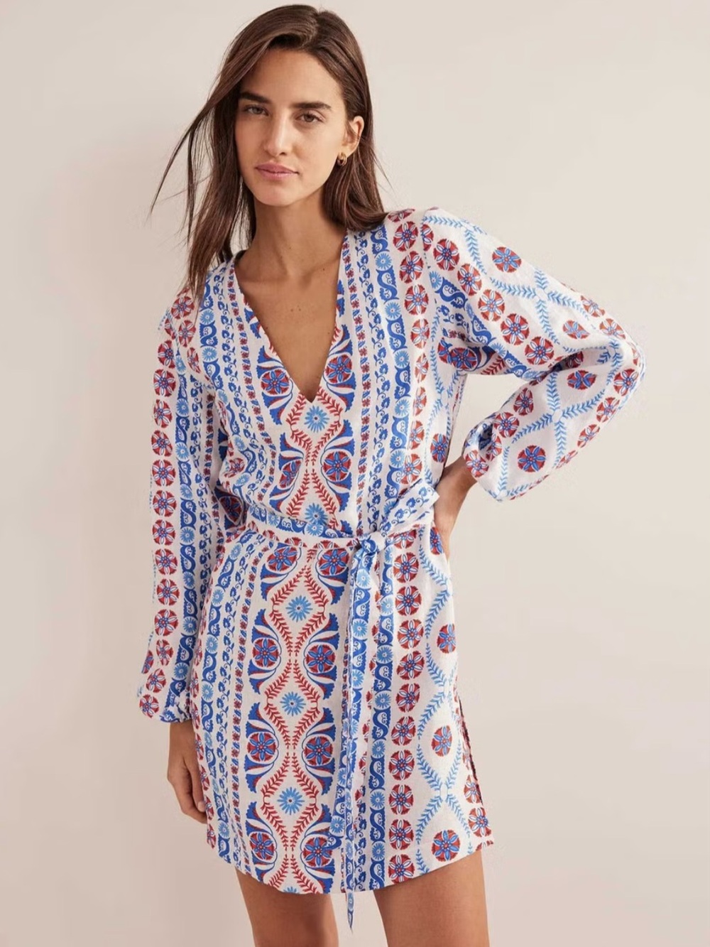 Boden V-Neck Tie Waist Mini Kaftan in Sky Print. NWT! Size: 12L
